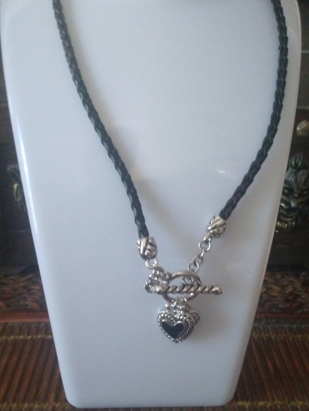 Lia Sophia Black Braided Cord Necklace with Silver Heart Charm